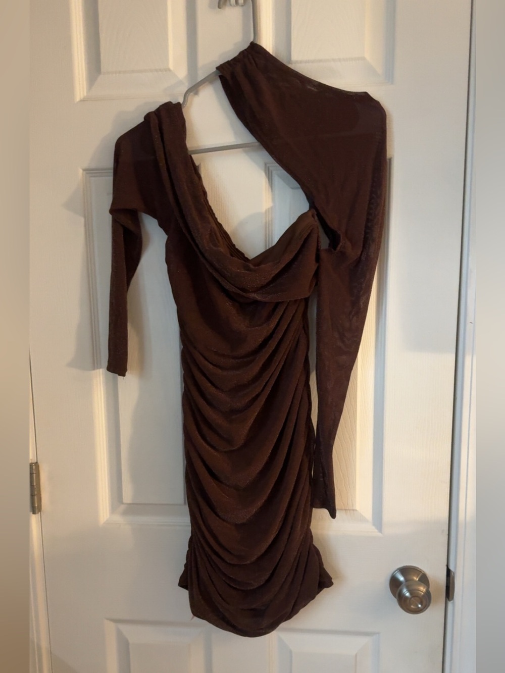 Chocolate Brown Ruched Draped Long Sleeve Bodycon Mini Dress M NWT